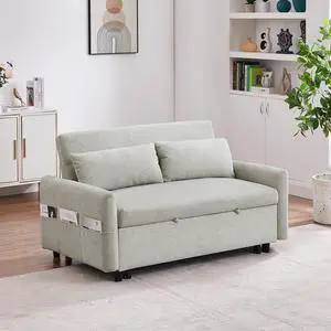 55.1" Pull Out Sleep Sofa Bed Loveseats Sofa Couch with Adjsutable Backrest, Storage Pockets, 2 Soft Pillows, USB Ports for Living Room, Bedroom, Apartment, Office, Beige (Old SKU: WF315689AAA)