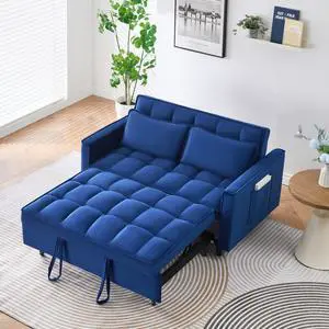 The 55-inch dreamlike blue velvet sofa is elegant and convenient with pockets, cleverly interpreting the art of three-in-one conversion.
