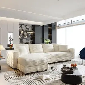 102.4 "Plush Corduroy 4-Seat Sofa,Modern Comfy Upholstered Sofa Cloud Couch,Deep Seat Couches with Soft Pillows and Movable Ottoman,Convertible Sofa Lounge Chair,for Living Room,Apartment,Office,Beige