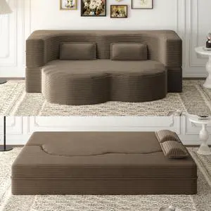 Modern Floor Sofa with 2 Pillows,Convertible Plush Corduroy Foam-Filled Sleeper Sofa Bed,15" Full Size Folding Mattress for Living Room,Guest Bed,no assembly required,Coffee