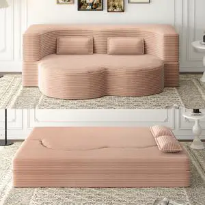 Modern Floor Sofa with 2 Pillows,Convertible Plush Corduroy Foam-Filled Sleeper Sofa Bed,15" Full Size Folding Mattress for Living Room,Guest Bed,no assembly required,Pink