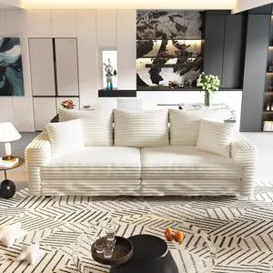 82.7 " Plush Corduroy 3-Seat Sofa,Modern Comfy Upholstered Sofa Cloud Couch,Deep Seat Couches with Soft Pillows,Convertible Deep Seat Sofa Lounge Chair for Living Room Bedroom,Apartment,Beige/White