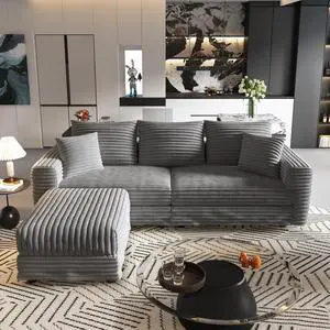 82.7 "Plush Corduroy 3-Seat Sofa,Modern Comfy Upholstered Sofa Cloud Couch,Deep Seat Couches with Soft Pillows and 1 Ottomans,Convertible Sofa Lounge Chair,for Living Room,Apartment,Office,Grey