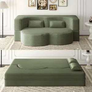 Modern Floor Sofa with 2 Pillows,Convertible Plush Corduroy Foam-Filled Sleeper Sofa Bed,15" Full Size Folding Mattress for Living Room,Guest Bed,no assembly required,Green