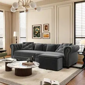 Chesterfield Sofa,89 " W 3-in-1 Pull-Out Sofa Bed, Convertible Sleeper Sofa Bed,King Size Sofa Bed, Chaise Lounge,Velvet 3-Seater Sofa with Movable Ottoman,  Tufted Design, Grey(Old Sku:W1885S00089)