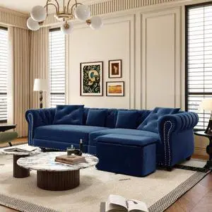 Chesterfield Sofa,89 " W 3-in-1 Pull-Out Sofa Bed, Convertible Sleeper Sofa Bed,King Size Sofa Bed, Chaise Lounge,Velvet 3-Seater Sofa with Movable Ottoman,  Tufted Design, Blue(Old Sku:W1885S00091)