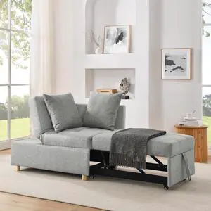Convertible Sleeper Sofa Chair Adjustable Backrest Recliner with Pullout Sofa Bed with Wheels, Modern Linen Fabric for Living Room for Tight Spaces, Grey
