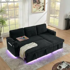 Modern Chenille Multi-functional Pull-Out Bed Sofa with Retractable Table and LED Lighting, USB Charging Ports and Cup Holders, Black