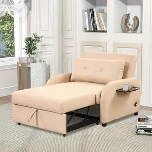 Pull Out Sofa Sleeper 3 in 1 with 2Wing Table and USB Charge for Living Room, Recreation Room (Old SKU:WF302882AAA),  Beige