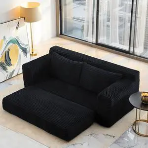 Loveseat Sofa  with Memory Foam & Steel Frame - No Assembly, Convertible 2-in-1 Design, Corduroy Fabric - Compact Couch for Small Spaces, Apartments, Home Office & Bedroom (Black)