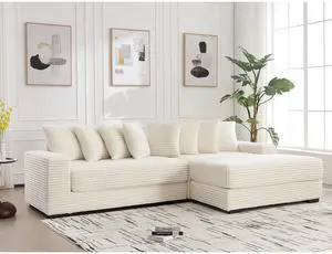 [NEW ARRIVED] [VIDEO PROVIDED] Oversized Two-Piece  Couches,  L Shaped Sofa, Corduroy, Right Chaise Daybed,with Armrests,Eight Throw Pillows,Corner Sofa,Easy To Assemble, Beige