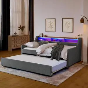 Twin Size Upholstery Sofa Bed with Three LED lights, with Storage Adjustable Headboard, with Foldable Leg Pull up Trundle Bed and Wireless Charging, Linen Padded Sofa Bed frame, Grey