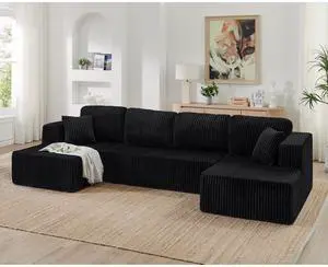 U shape Modular Sectional Sofa, Compressed Sectional Sofa Modern Minimalist Style Corduroy Couch, Sleeper Sofa for Living Room, Bedroom, Comfy Compressed Sofa Couch Space-Efficient Design-black