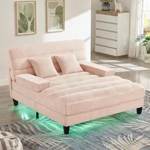 Modern Chaise Lounge Sofa 57.1" Sofa Bed Chenille Upholstered Lounge Sofa Chair with Adjustable Backrest and LED Light Strip for Living Room, Pink