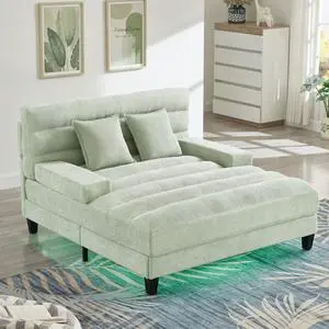 Modern Chaise Lounge Sofa 57.1" Sofa Bed Chenille Upholstered Lounge Sofa Chair with Adjustable Backrest and LED Light Strip for Living Room, Green