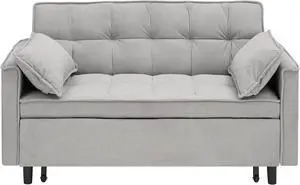 Modern Velvet Loveseat Futon Sofa Couch Pullout Bed, Small Love Seat Lounge Sofa w/Reclining Backrest, Toss Pillows, Pockets, Furniture for Living Room,3 in 1 Convertible Sleeper Sofa Bed, Gra