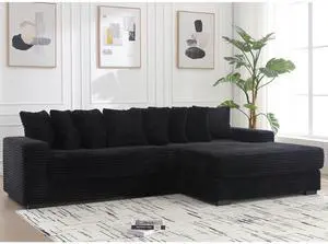 [NEW ARRIVED] [VIDEO PROVIDED] Oversized Two-Piece  Couches,  L Shaped Sofa, Corduroy, Right Chaise Daybed,with Armrests,Eight Throw Pillows,Corner Sofa,Easy To Assemble,  Black