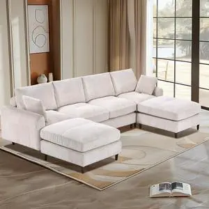 Modern corduroy modular section sofa, U-shaped convertible L-shaped sofa set with pillow, oversized sectional sofa with footstool, suitable for living room, attic, apartment, office - white 6 seat