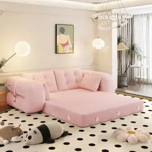 Human Dog Bed, Lazy Sofa Couch, 78.7" Multi-Functional Foldable Sofa Bed, 3-in-1 Teddy Fabric Foam-Filled Sleeper Sofa Bed for Living Room,Guest Bed,Playroom,Pink
