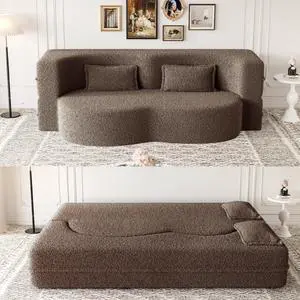 Modern Floor Sofa with 2 Pillows,Convertible Teddy Fabric Foam-Filled Sleeper Sofa Bed,15" Full Size Folding Mattress for Living Room,Guest Bed,Playroom,no assembly required,Brown