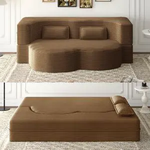 Modern Floor Sofa with 2 Pillows,Convertible Plush Corduroy Foam-Filled Sleeper Sofa Bed,15" Full Size Folding Mattress for Living Room,Guest Bed,no assembly required,Camel