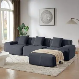 113" Modern L-Shaped Modular Sectional Sofa for Living Room, Corduroy Upholstery dark gray, Oversized 3-Seater Couch with Deep Seat and Movable Ottoman  No Assembly