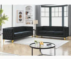 {Contact us for 3D modeling} Velvet Sofa for Living Room,Buttons Tufted Square Arm Couch, Modern Couch Upholstered Button and Metal Legs, Sofa Couch for Bedroom, Black Velvet ,2PCS