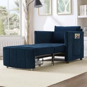 Upholstered Convertible Sleeper Sofa, 31.5" Pull Out Sofa Bed with 5-Position Adjustable Backrest, Side Pockets and a Storage Basket, Fold Out Chair Bed, Lounger For Living Room, Apartment, Blue