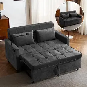56.9" Loveseat Sofa Pull-out Sofa Bed Sleeper Sofa with a Reversible Backrest Cushion, Side Pockets, Two USB Ports and a Phone Holder for Living Room, Black
