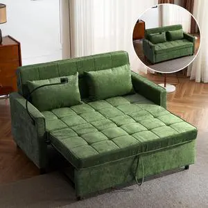 56.9" Loveseat Sofa Pull-out Sofa Bed Sleeper Sofa with a Reversible Backrest Cushion, Side Pockets, Two USB Ports and a Phone Holder for Living Room, Green