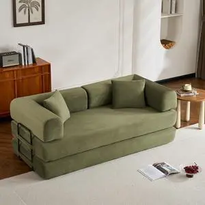 Convertible Sleeper Sofa Bed with Cylindrical Pillow, Corduroy Folding Mattress Couch with Fixed-Shape Frame, Floor Sofa Lounge Couch for Living Room Bedroom (Green)