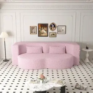 Modern Floor Sofa with 2 Pillows,Convertible Teddy Fabric Foam-Filled Sleeper Sofa Bed,15" Full Size Folding Mattress for Living Room,Guest Bed,Playroom,no assembly required,Pink(Old Sku:W1885P230384)