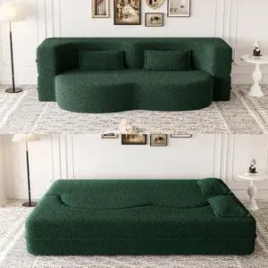 Modern Floor Sofa with 2 Pillows,Convertible Teddy Fabric Foam-Filled Sleeper Sofa Bed,15" Full Size Folding Mattress for Living Room,Guest Bed,Playroom,no assembly required,Green