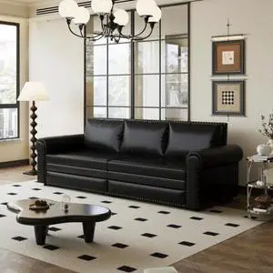 Chesterfield Sofa,93.7" King Pull Out Sofa Bed,3-in-1 Faux Leather Convertible Sleeper Sofa with Nailhead Trim & Rolled Arm,Multi-Functional Sofa Bed for Living Room,Bedroom,Black(old sku:W1885S00033)