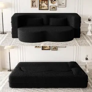 Modern Floor Sofa with 2 Pillows,Convertible Teddy Fabric Foam-Filled Sleeper Sofa Bed,15" Full Size Folding Mattress for Living Room,Guest Bed,no assembly required,Black(Same series:W1885P2722)