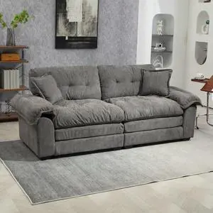 84" Chenille Sofa Small Sofa Loveseat Deep Seat Sofa Couch with 2 Throw Pillows & Memory Foam for Living Room Apartment Office Lounge-Grey