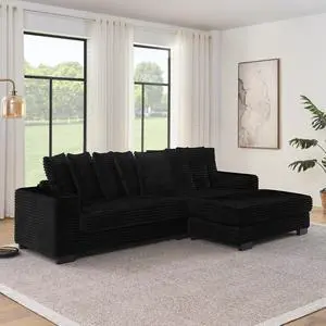 Corduroy Tufted Upholstered Sleeper Sectional Sofa, L-Shaped Modular Convertible Sofa , Can freely change the position of the footrests-Black(Assembly is required)