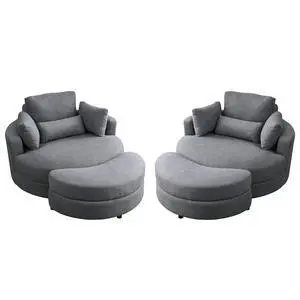 [Video] Welike Swivel Accent Barrel Modern Dark Grey Sofa Lounge Club Big Round Chair with Storage Ottoman Linen Fabric for Living Room Hotel with Pillows,2PCS.