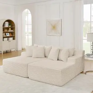 Two-seater lazy sofa lounge chair,Compressed sofa no assembly required, made of velvet fabric, fluffy modern lounge chair,  for indoor living rooms and bedrooms-Beige