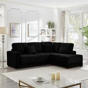 93" Sectional Sofa, L Shaped Sofa Couch with Reversible Chaise Lounge, Upholstered Soft Corduroy Couch for Living Room, Apartment (Black)
