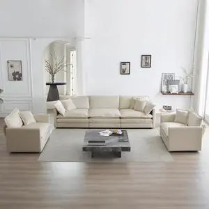 Sofa Set of 3, 1+1+3 Seats Living Room Sofa Set, Accent Chair, Loveseat, and Three-Seat Sofa Modern Style Round Arms 3 Piece Sofa Set, Beige Chenille Sofa Set of 3, 1+1+3 Seats Living Room Sofa Set, Accent Chair, Loveseat, and Three-Seat Sofa Modern Style Round Arms 3 Piece Sofa Set, Beige Chenille