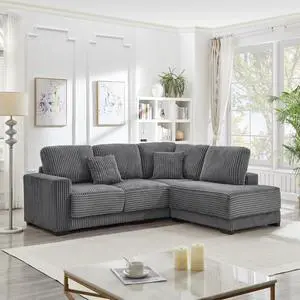 93" Sectional Sofa, L Shaped Sofa Couch with Reversible Chaise Lounge, Upholstered Soft Corduroy Couch for Living Room, Apartment (Grey)