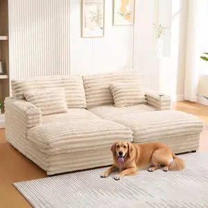 Oversized Double Chaise Lounge Sofa 83.5" Sofa Bed Cloud Couch Plush Upholstered Sleeper Sofa Daybed with Two Supportive Pillows, USB Ports and Cup Holders for Living Room, Champagne