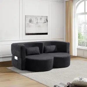 Folding sofa bed, floor sofa, convertible teddy bear fabric foam filled sleeper futon double sofa, suitable for living room, guest, office and apartment (black)