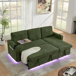 Modern Chenille Multi-functional Pull-Out Bed Sofa with Retractable Table and LED Lighting, USB Charging Ports and Cup Holders, Green