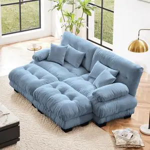 Cloud Couch Sleeper Sofa for Living Room, Chenille 2 Seater sofa with 2 Lumbar pillows and 2 throw pillows , Upholstered Wide Arm Sofa with 2 Ottomans,Chenille Blue