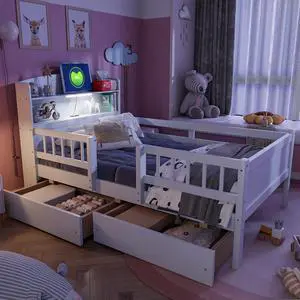 Wood Twin Size Platform Bed with Built-in LED Light, Multi-functional Headboard, Guardrail and 2 Drawers, White Wood Twin Size Platform Bed with Built-in LED Light, Multi-functional Headboard, Guardrail and 2 Drawers, White