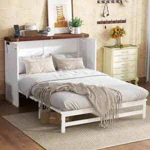 Murphy Bed Cabinet Full with Storage Drawer and Charging Station, USB Port, Solid Pine Murphy Bedframe for Home Office, Studio or Guest Room,White-walnut Murphy Bed Cabinet Full with Storage Drawer and Charging Station, USB Port, Solid Pine Murphy Bedframe for Home Office, Studio or Guest Room,White-walnut