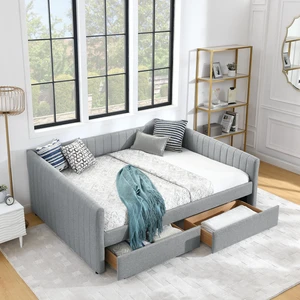 Queen Size Daybed with Two Drawers Trundle Upholstered Sofa Bed, with Vertical Stripes Linen Fabric, Grey (86.5"x65"x30") Queen Size Daybed with Two Drawers Trundle Upholstered Sofa Bed, with Vertical Stripes Linen Fabric, Grey (86.5"x65"x30")