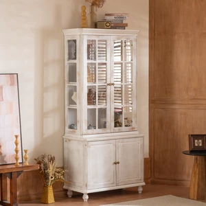 77.5''H Vintage Storage Display Cabinet, Farmhouse Style Pantry, with Glass Doors, Hutch Cabinet 3-Sided Glass, Curio Cabinet with Ash Wood Grain, for Hallways, Livingroom Kitchen & Office - Whitewash